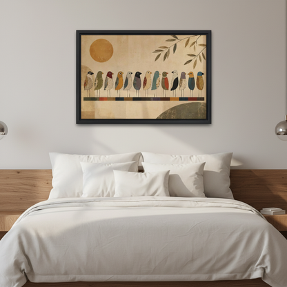 Thirteen Folk Bird Friends Canvas Wall Art framed above white bedding and wooden bedside tables.