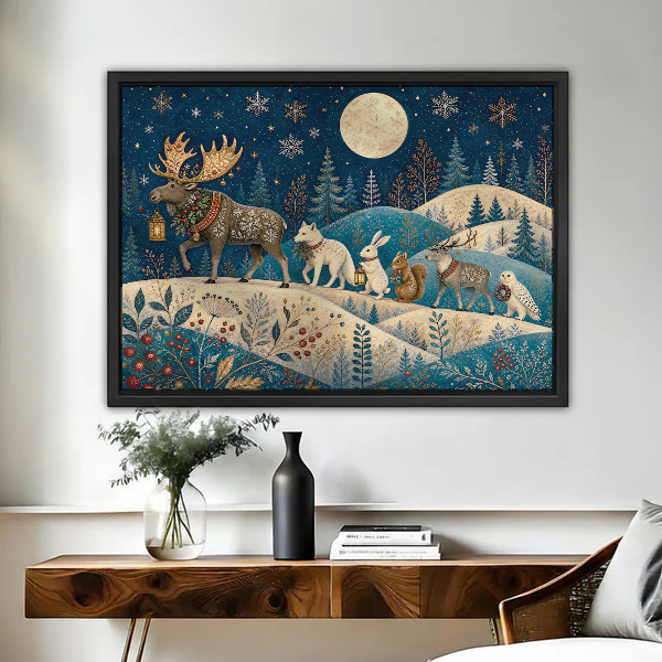 Moonlit Woodland Procession Canvas Wall Art framed above a figured wooden console with a black vase.
