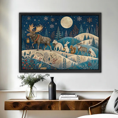 Moonlit Woodland Procession Canvas Wall Art framed above a figured wooden console with a black vase.