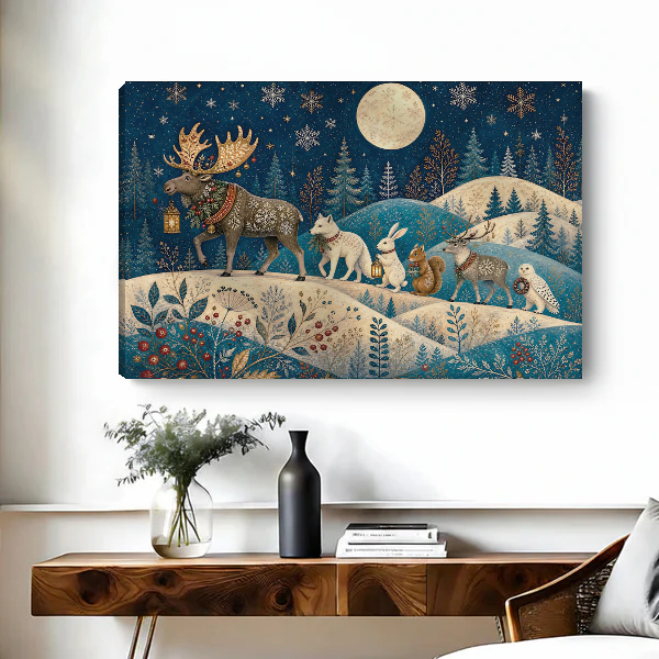 Moonlit Woodland Procession Canvas Wall Art unframed above a figured wooden console with a black vase.