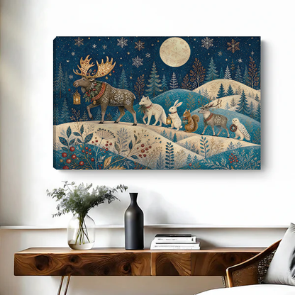 Moonlit Woodland Procession Canvas Wall Art unframed above a figured wooden console with a black vase.