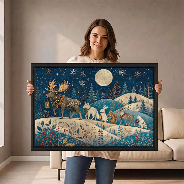 Moonlit Woodland Procession Canvas Wall Art held by a woman in a bright neutral room.