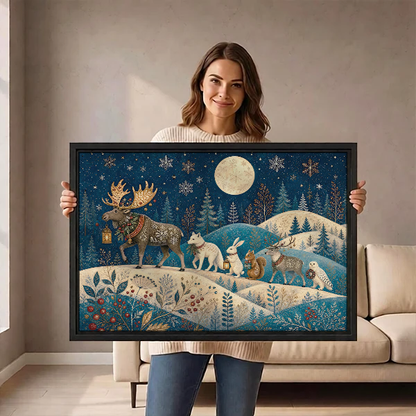 Moonlit Woodland Procession Canvas Wall Art held by a woman in a bright neutral room.