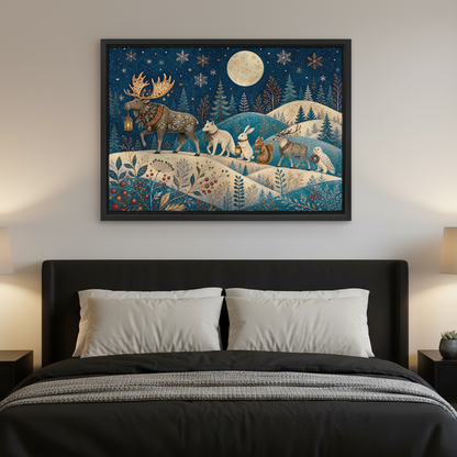 Moonlit Woodland Procession Canvas Wall Art framed above charcoal bedding in a modern bedroom.
