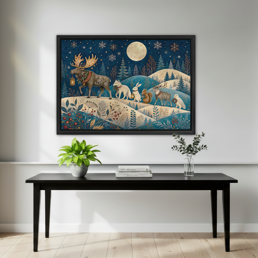 Moonlit Woodland Procession Canvas Wall Art framed above a black console surrounded by green plants.