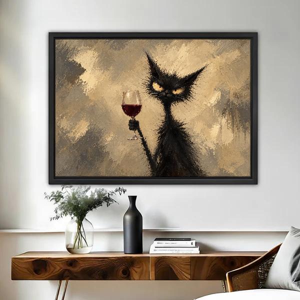 Scruffy Cat Wine Hour Canvas Wall Art framed above a figured wooden console with a black vase.