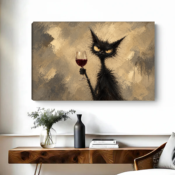 Scruffy Cat Wine Hour Canvas Wall Art unframed above a figured wooden console with a black vase.