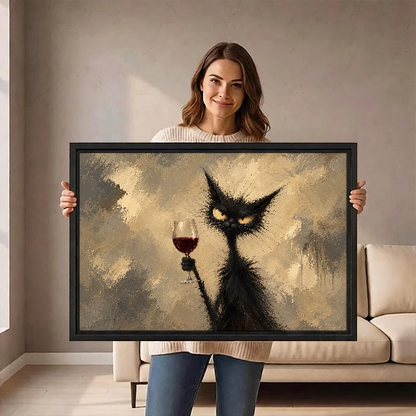 Scruffy Cat Wine Hour Canvas Wall Art held by a woman in a bright neutral room.