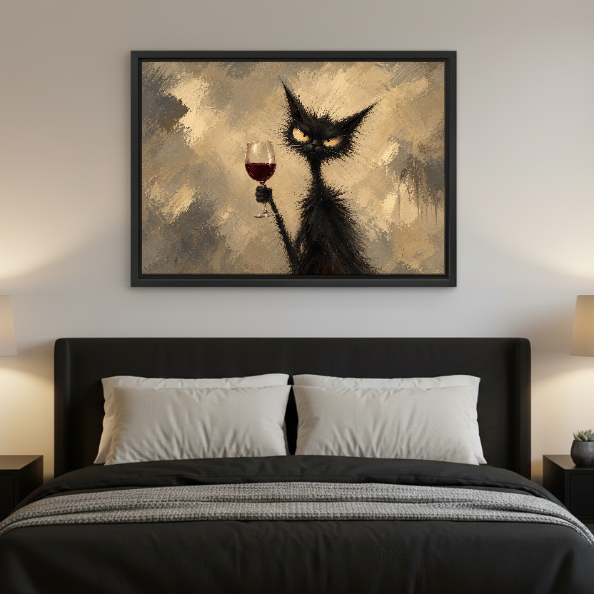 Scruffy Cat Wine Hour Canvas Wall Art framed above charcoal bedding in a modern bedroom.
