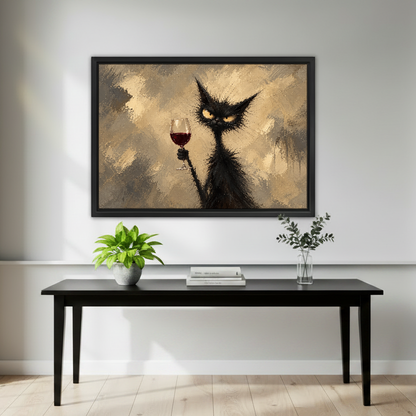 Scruffy Cat Wine Hour Canvas Wall Art framed above a black console surrounded by green plants.