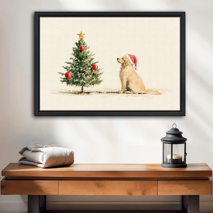 Golden Dog Christmas Wish Canvas Wall Art framed above a wood console with lantern and folded linen.
