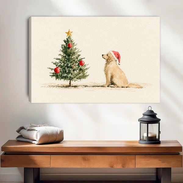 Golden Dog Christmas Wish Canvas Wall Art unframed above a wood console with lantern and folded linen.