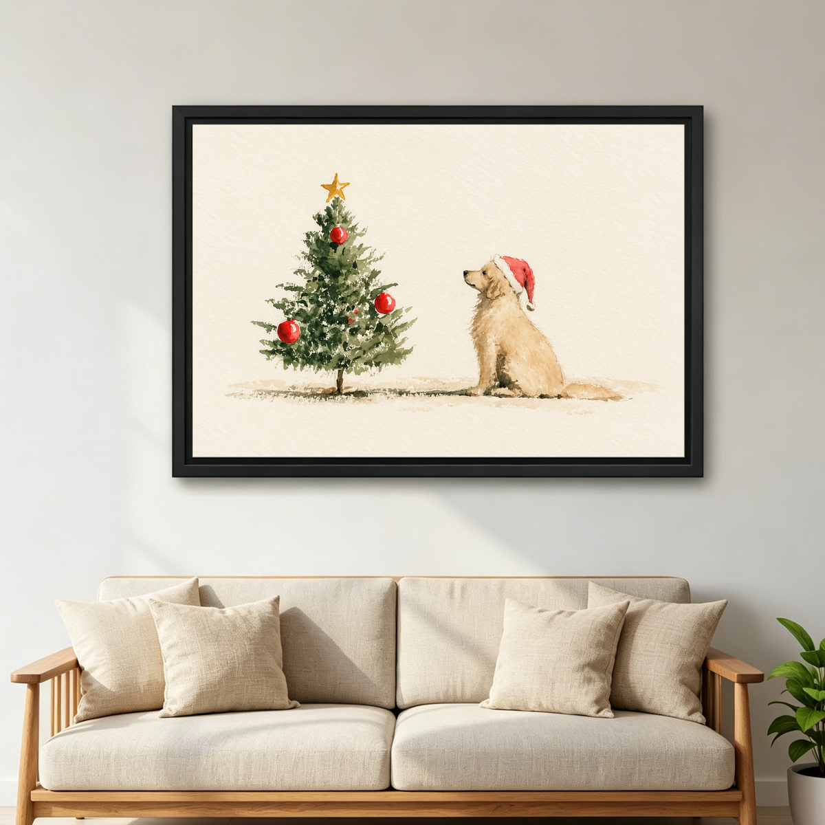 Golden Dog Christmas Wish Canvas Wall Art framed above a cream sofa with wooden arms.