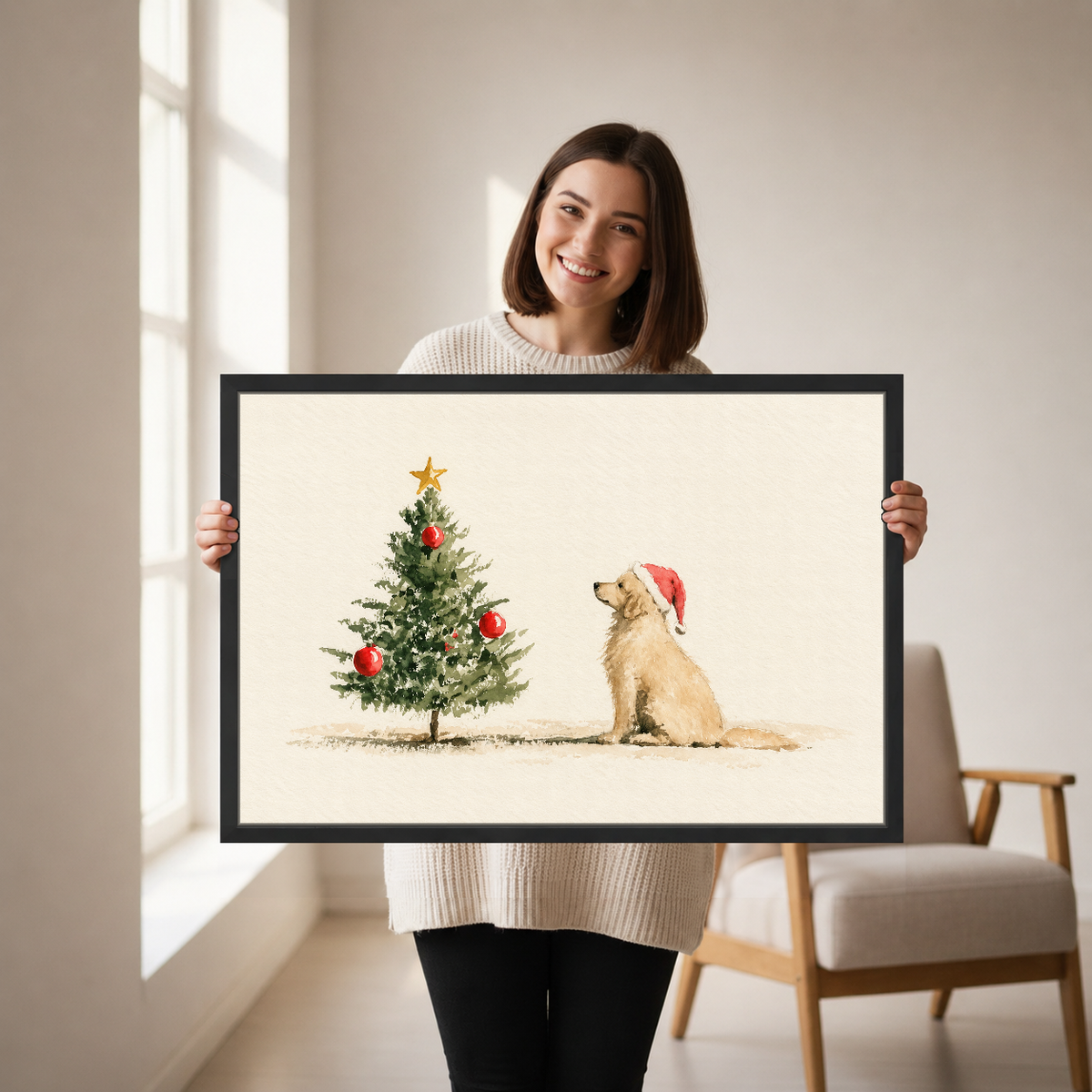 Golden Dog Christmas Wish Canvas Wall Art held by a woman in a bright neutral room.