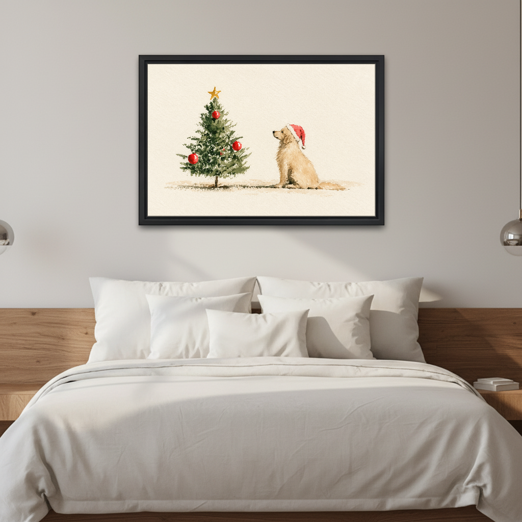 Golden Dog Christmas Wish Canvas Wall Art framed above white bedding and wooden bedside tables.