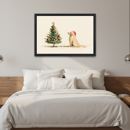 Golden Dog Christmas Wish Canvas Wall Art framed above white bedding and wooden bedside tables.