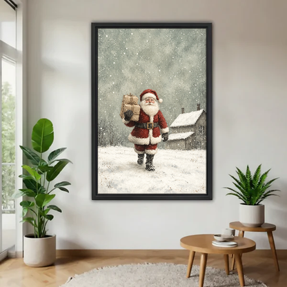Santa Cottage Delivery Canvas Wall Art framed above a pale wood table beside green plants.