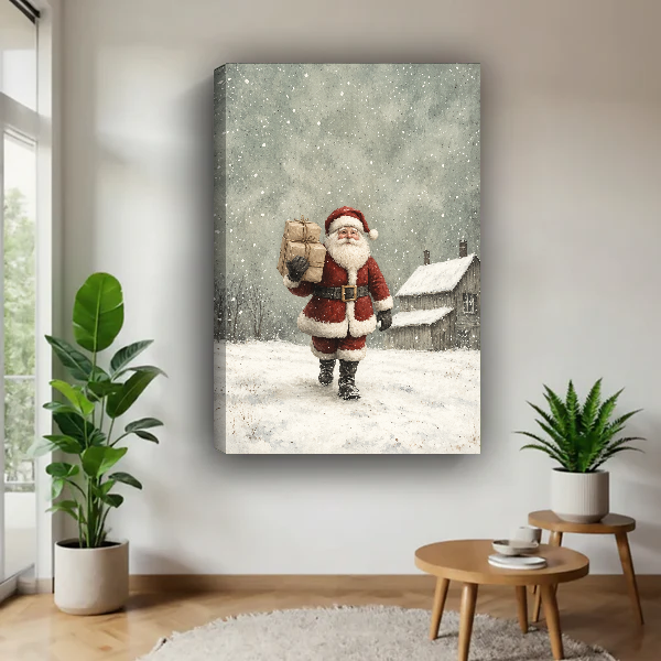 Santa Cottage Delivery Canvas Wall Art unframed above a pale wood table beside green plants.