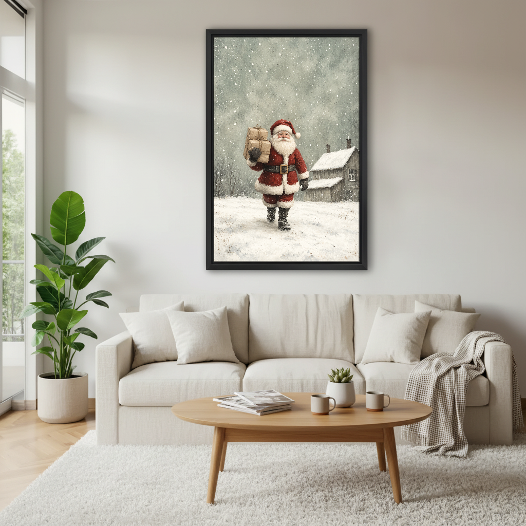 Santa Cottage Delivery Canvas Wall Art framed above a cream sofa and round wood table.