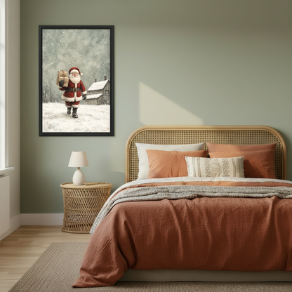 Santa Cottage Delivery Canvas Wall Art framed above rust bedding against a muted olive wall.
