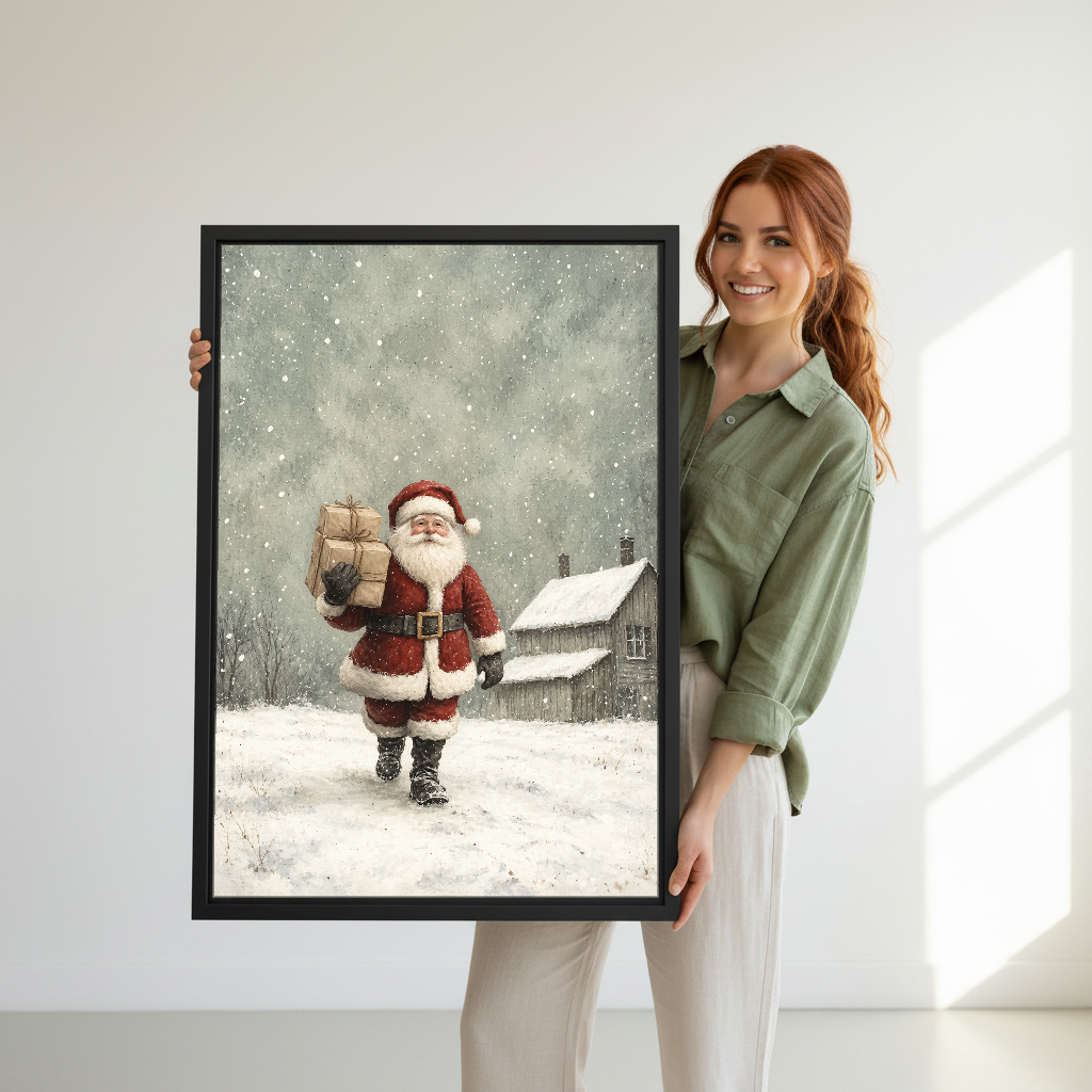 Santa Cottage Delivery Canvas Wall Art held in a black frame by a woman in green.