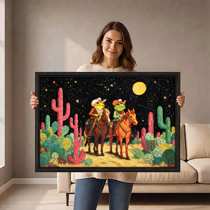 Moonlit Frog Cowboy Riders Canvas Wall Art held by a woman in a bright neutral room.