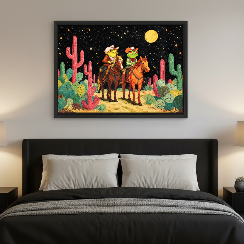 Moonlit Frog Cowboy Riders Canvas Wall Art framed above charcoal bedding in a modern bedroom.