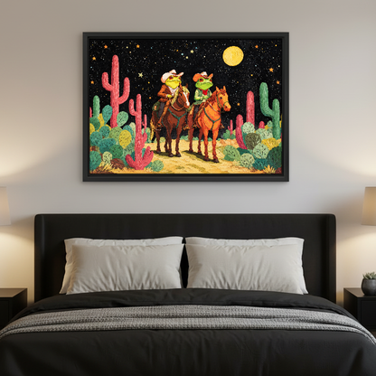Moonlit Frog Cowboy Riders Canvas Wall Art framed above charcoal bedding in a modern bedroom.
