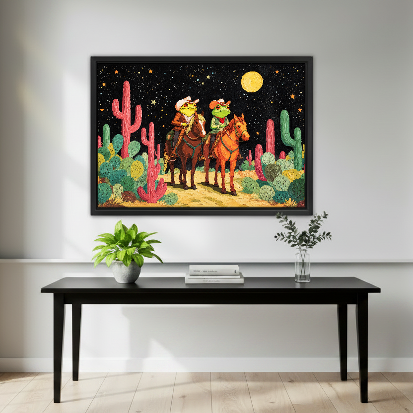 Moonlit Frog Cowboy Riders Canvas Wall Art framed above a black console surrounded by green plants.