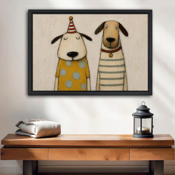Party Dog Friends Canvas Wall Art framed above a wood console with lantern and folded linen.