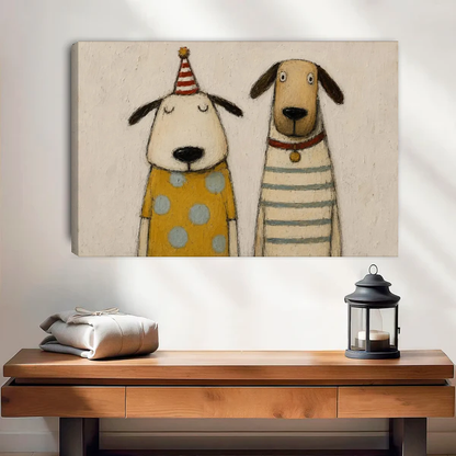 Party Dog Friends Canvas Wall Art unframed above a wood console with lantern and folded linen.