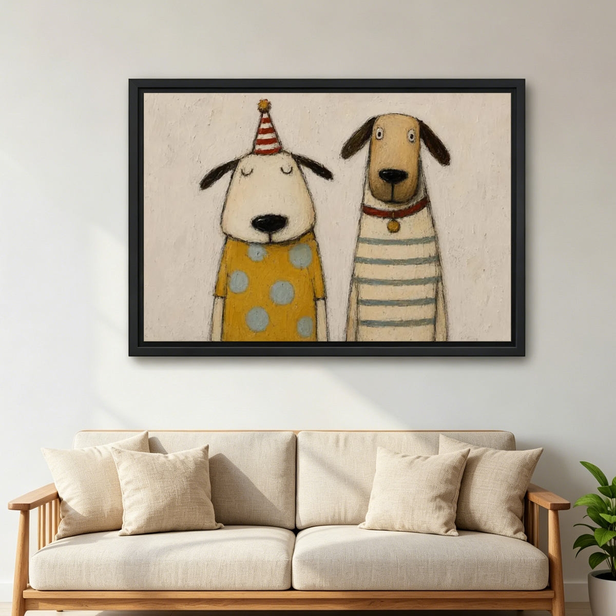Party Dog Friends Canvas Wall Art framed above a cream sofa with wooden arms.