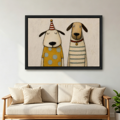 Party Dog Friends Canvas Wall Art framed above a cream sofa with wooden arms.