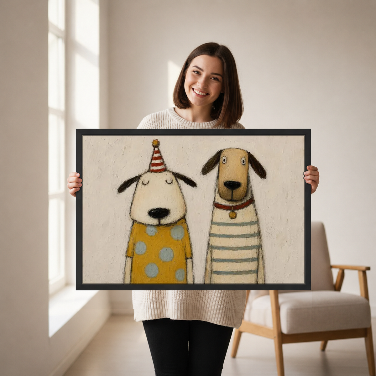 Party Dog Friends Canvas Wall Art held by a woman in a bright neutral room.