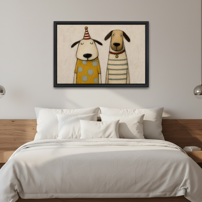 Party Dog Friends Canvas Wall Art framed above white bedding and wooden bedside tables.