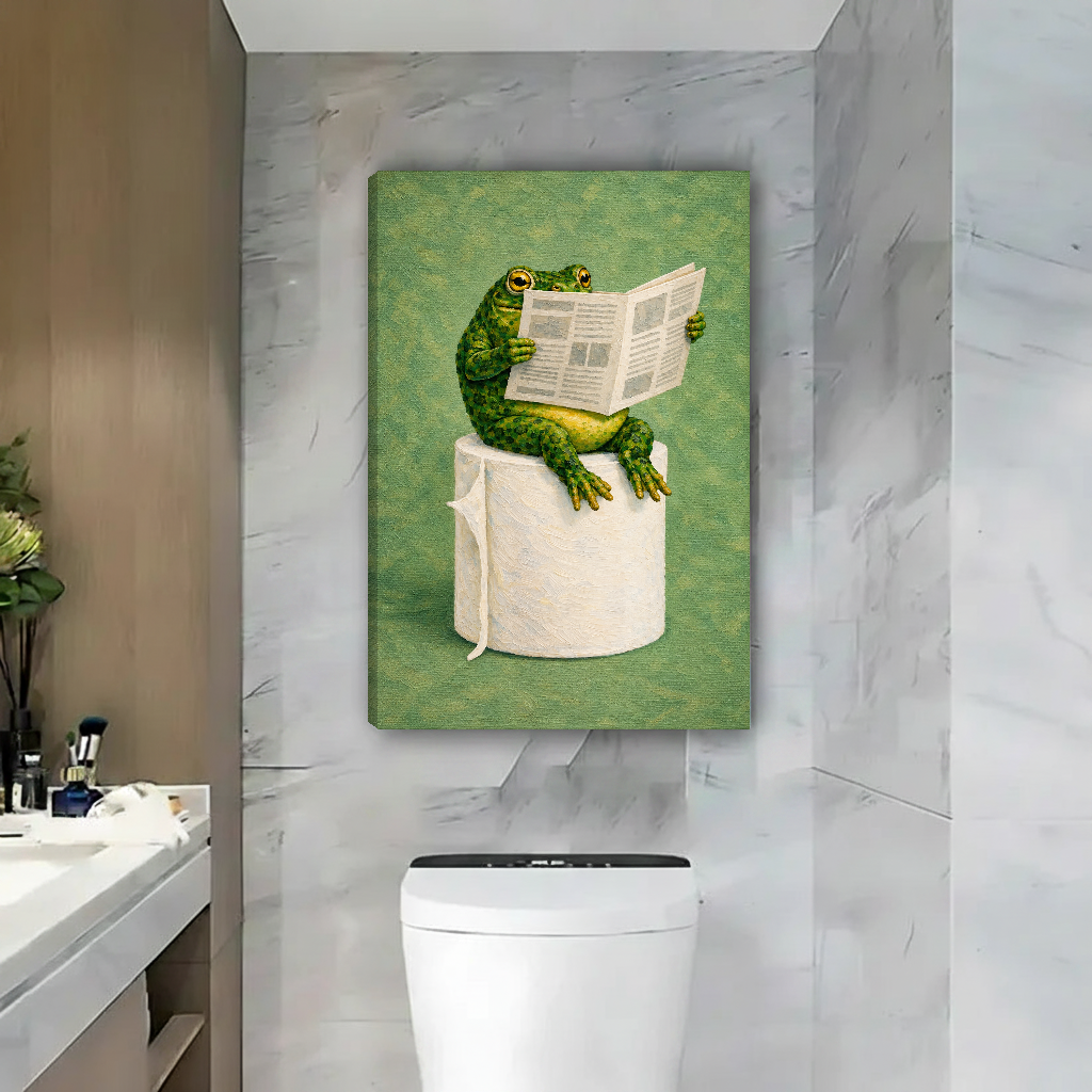 Frog Toilet Paper Reader Canvas Wall Art unframed above a toilet against gray marble bathroom walls.