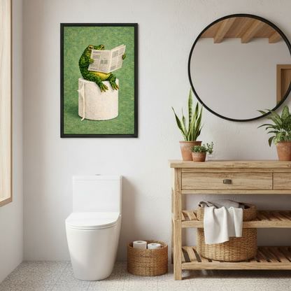 Frog Toilet Paper Reader Canvas Wall Art framed above a toilet beside wood vanity and round mirror.