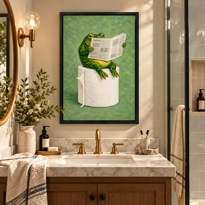 Frog Toilet Paper Reader Canvas Wall Art framed above a warm bathroom vanity between wall lights.