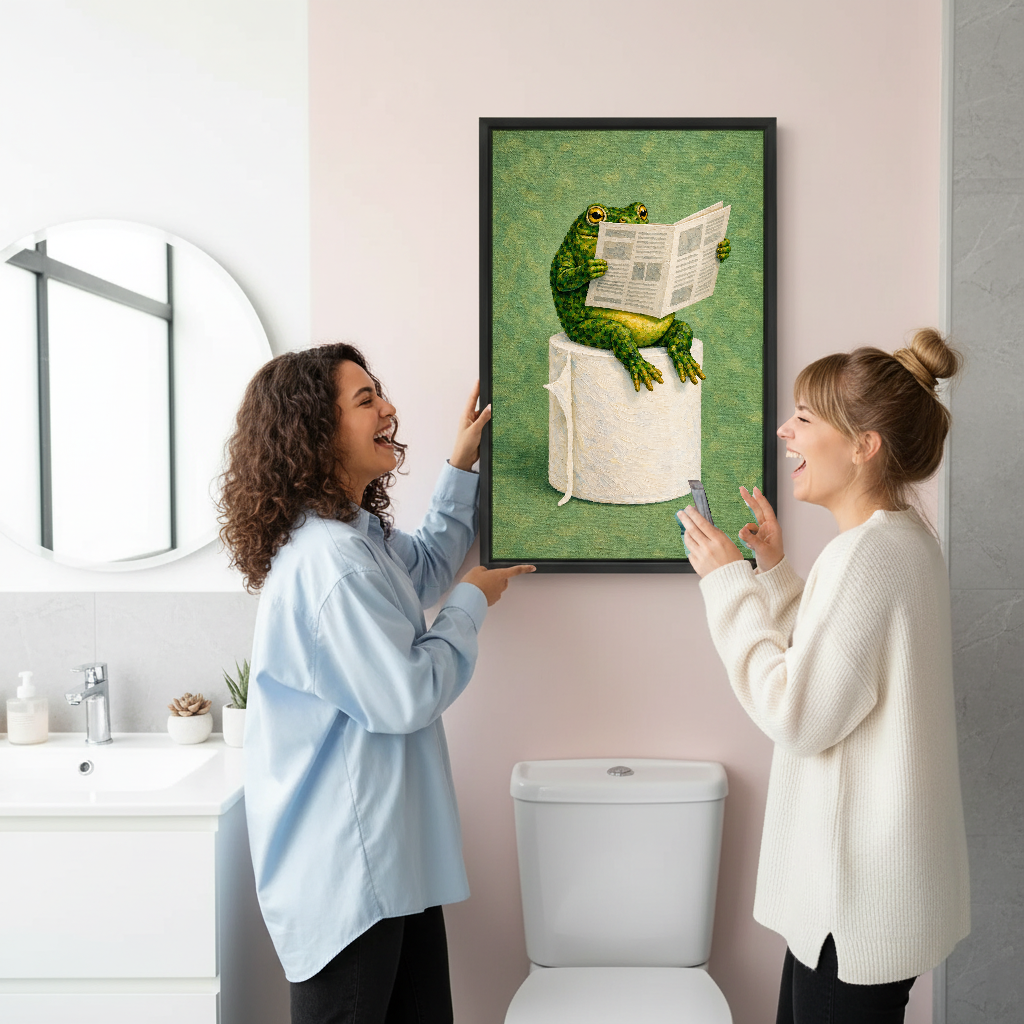 Frog Toilet Paper Reader Canvas Wall Art held by two women beside a bathroom mirror and toilet.