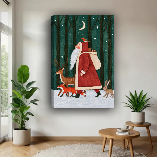 Santa Woodland Companions Canvas Wall Art unframed above a pale wood table beside green plants.