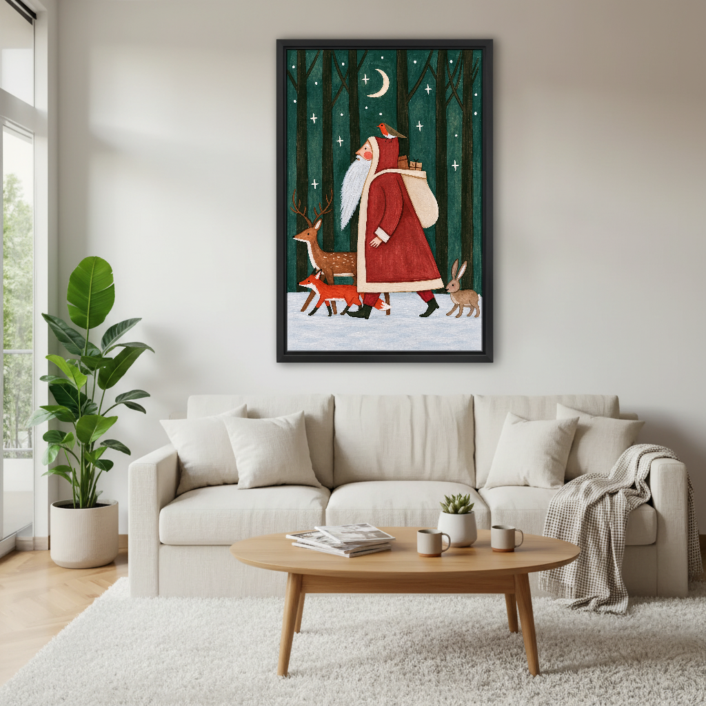 Santa Woodland Companions Canvas Wall Art framed above a cream sofa and round wood table.