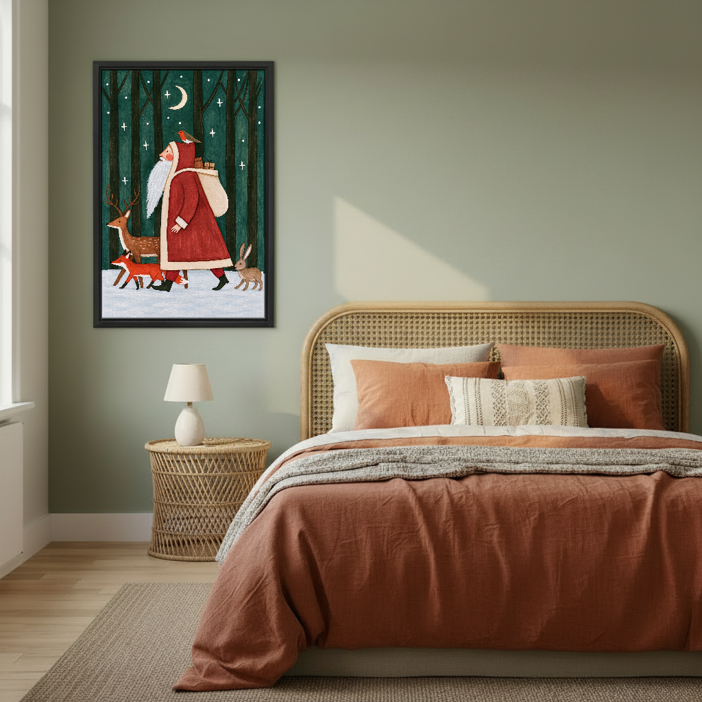 Santa Woodland Companions Canvas Wall Art framed above rust bedding against a muted olive wall.