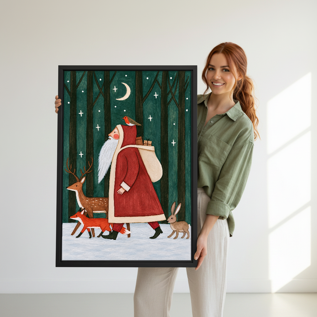 Santa Woodland Companions Canvas Wall Art held in a black frame by a woman in green.