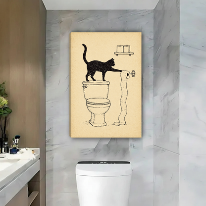 Toilet Paper Cat Mischief Canvas Wall Art unframed above a toilet against gray marble bathroom walls.