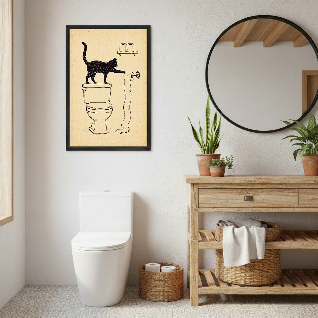 Toilet Paper Cat Mischief Canvas Wall Art framed above a toilet beside wood vanity and round mirror.