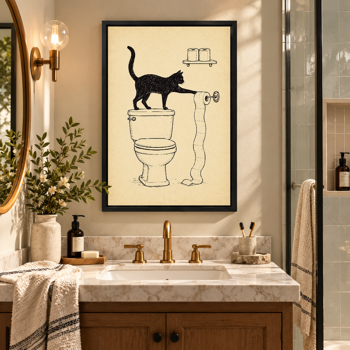 Toilet Paper Cat Mischief Canvas Wall Art framed above a warm bathroom vanity between wall lights.