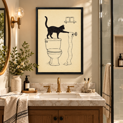 Toilet Paper Cat Mischief Canvas Wall Art framed above a warm bathroom vanity between wall lights.