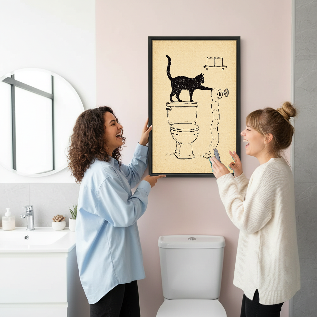 Toilet Paper Cat Mischief Canvas Wall Art held by two women beside a bathroom mirror and toilet.