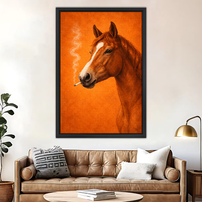 Chestnut Horse Smoke Break Canvas Wall Art framed above a brown leather sofa and brass lamp.