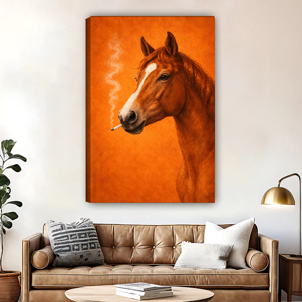 Chestnut Horse Smoke Break Canvas Wall Art unframed above a brown leather sofa and brass lamp.